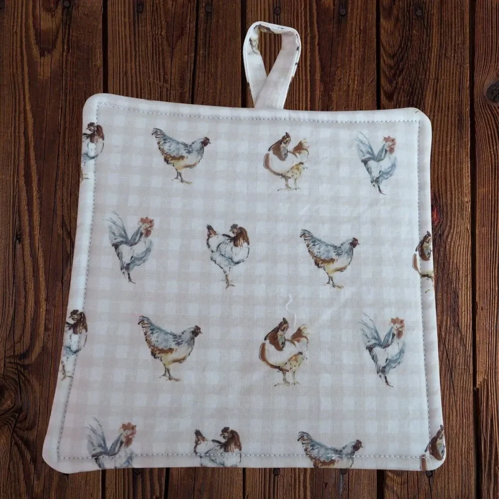 Handmade Potholder, Gingham Chickens